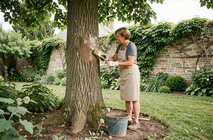 Femme appliquant un traitement préventif sur un mûrier platane attaqué par le xylotrechus stebbingi dans un jardin