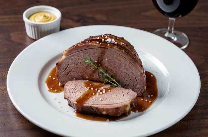Tranche de rond de veine braisé à la française dressée sur assiette blanche avec sauce réduite et fleur de sel
