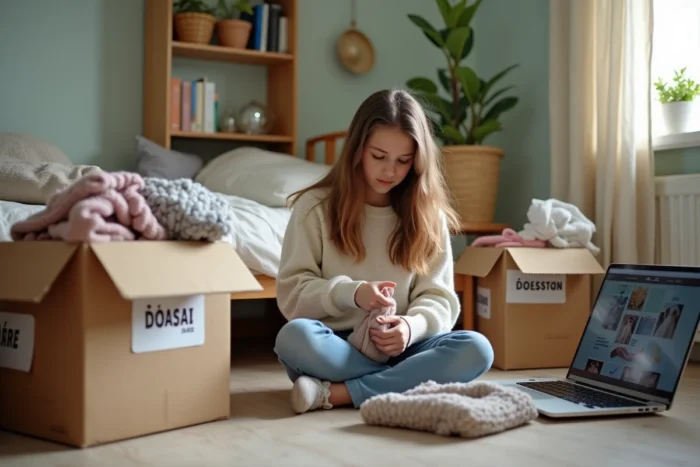 Adolescente triant des vêtements de seconde main dans sa chambre avec des boîtes étiquetées et un site de revente ouvert sur son ordinateur