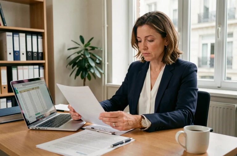 Femme vacataire examinant ses modalités de rémunération sur des documents administratifs dans un bureau moderne