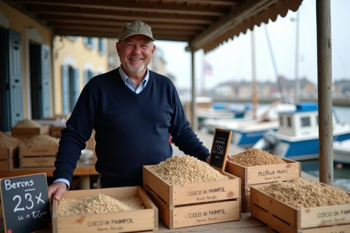 Vendeur en marinière proposant des haricots coco de Paimpol sur le marché du port de Paimpol