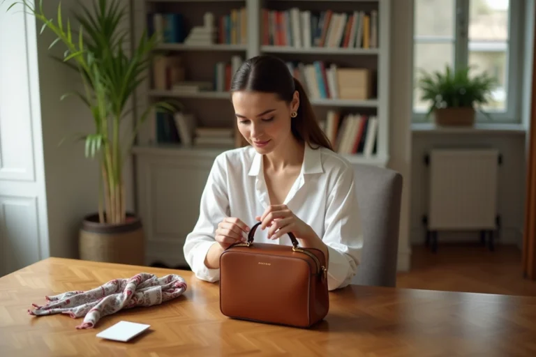 Femme inspectant un sac à main de luxe de créateur pour le vendre sur Vestiaire Collective sans facture