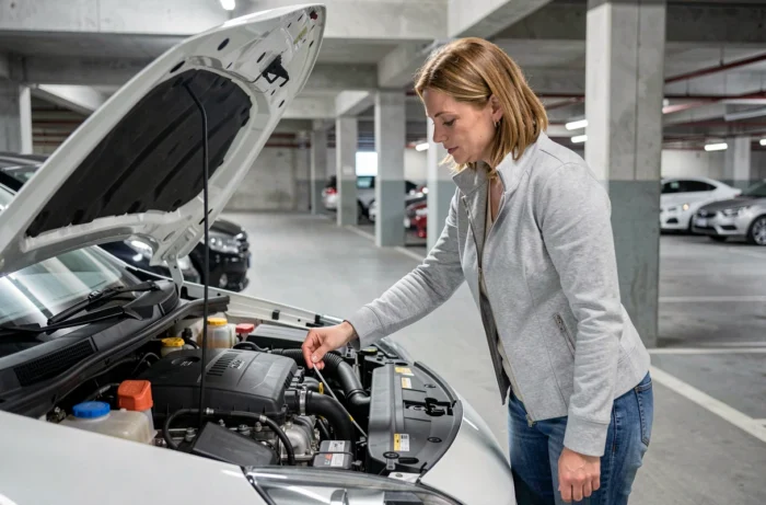 Femme vérifiant le niveau d'huile moteur sous le capot d'une voiture blanche dans un parking urbain