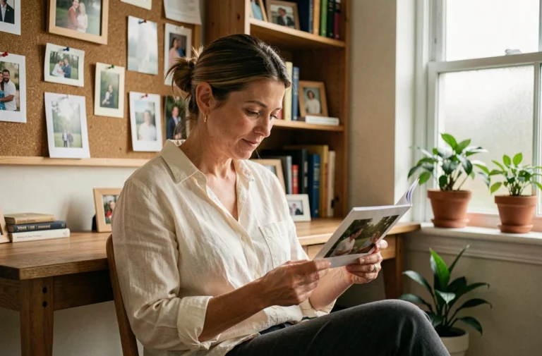Femme contemplant des photos personnelles dans un bureau intime entouré de souvenirs et de clichés encadrés