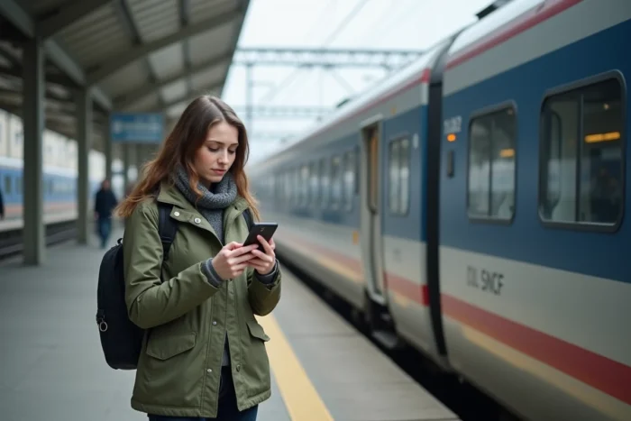 Voyageuse consultant l'application SNCF pour changer le nom sur son billet sur le quai du TGV