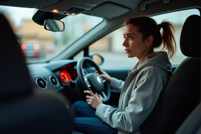 Conductrice observant un voyant d'alerte sur le tableau de bord d'une Renault Clio 4 indiquant un dysfonctionnement du stop and start
