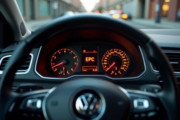 Gros plan sur le voyant EPC allumé sur le tableau de bord d'une Volkswagen Polo, signal d'alerte électronique du moteur