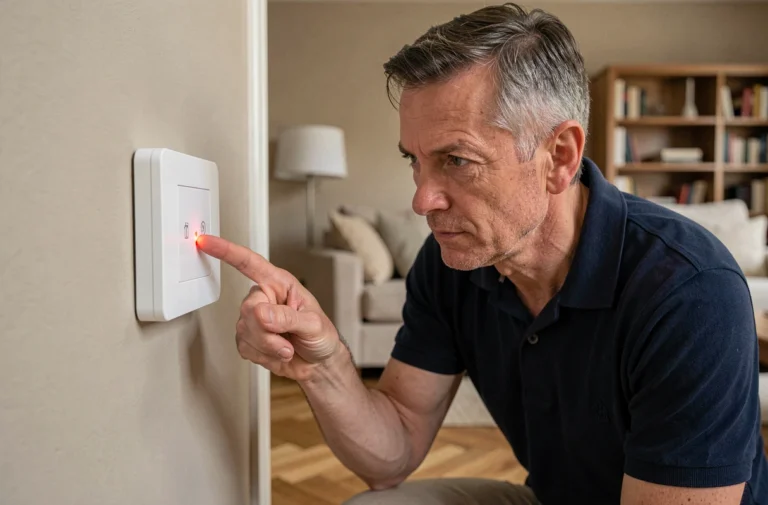 Homme examinant un voyant rouge clignotant sur un tableau de supervision Delta Dore dans un salon moderne