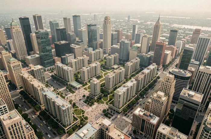 Vue aérienne d'un vaste paysage urbain illustrant les portefeuilles immobiliers des plus grands propriétaires mondiaux