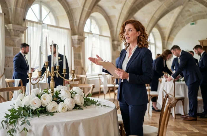 Wedding planner professionnelle supervisant la décoration florale d'une salle de réception dans un château français